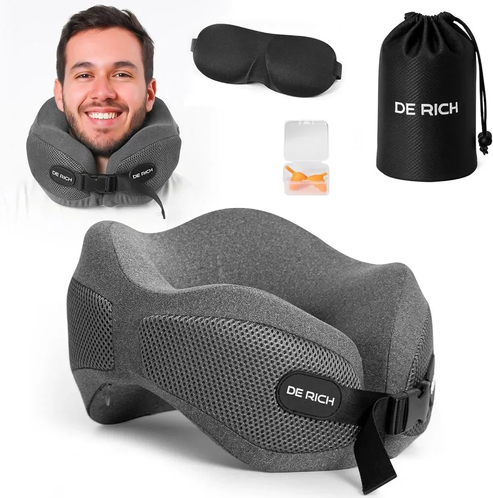Travel Neck Pillows with Washable Cover, eye mask and earplugs – Gray